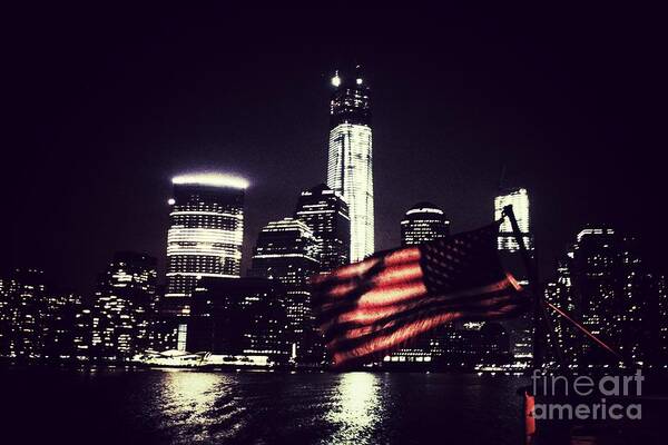 New York City Skyline Art Print featuring the photograph Night Flag by HELGE Art Gallery
