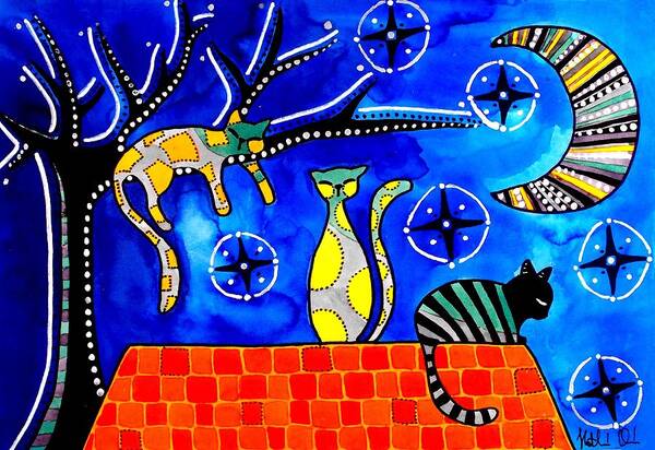 Cat Art Print featuring the painting Night Shift - Cat Art by Dora Hathazi Mendes by Dora Hathazi Mendes