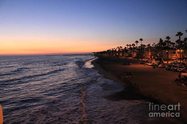 Night Beach Ocean California Lights Oceanside Palms Photography Photosbykymm Landscape Art Print featuring the photograph Night shot by Kim Pascu