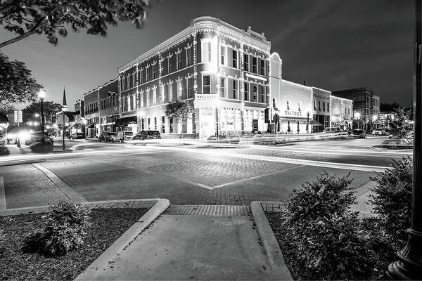 Bentonville Art Print featuring the photograph Night Traffic - Downtown Bentonville Arkansas - Black and White by Gregory Ballos