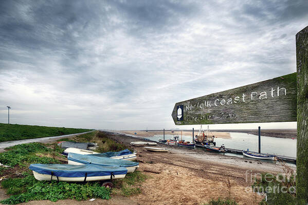 Norfolk Art Print featuring the photograph Norfolk coastal path sign and boats by Simon Bratt