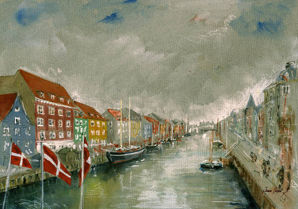 Copenhagen Art Print featuring the painting Nyhavn Copenhagen by Juan Bosco