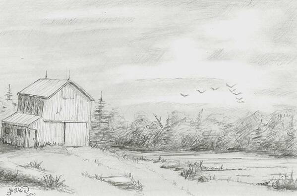 Old Barn Art Print featuring the drawing Old Barn 2 by BJ Shine