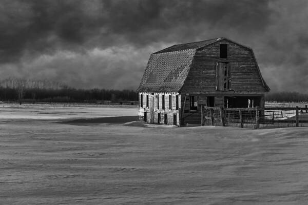 Old Barn Art Print featuring the photograph Old Barn At Sunset Black and White 2014-1 by Thomas Young
