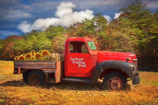 1937 Art Print featuring the photograph Old Red Truck on the Farm Oil Painting by Debra and Dave Vanderlaan