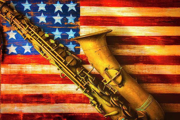 American Art Print featuring the photograph Old Saxophone On Wooden Flag by Garry Gay