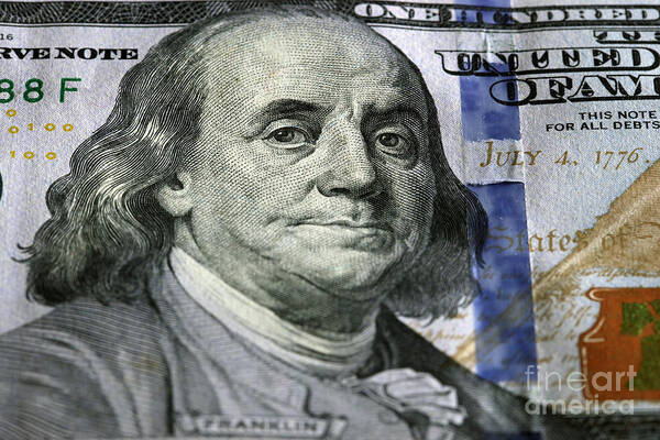 Hundred Art Print featuring the photograph One hundred dollar.Focus on Benjamin Franklin by Michal Bednarek