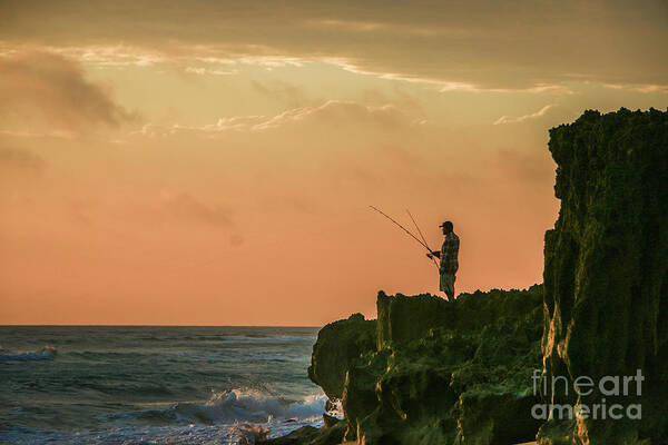 Fishing Art Print featuring the photograph Orange Sky Fisherman by Tom Claud