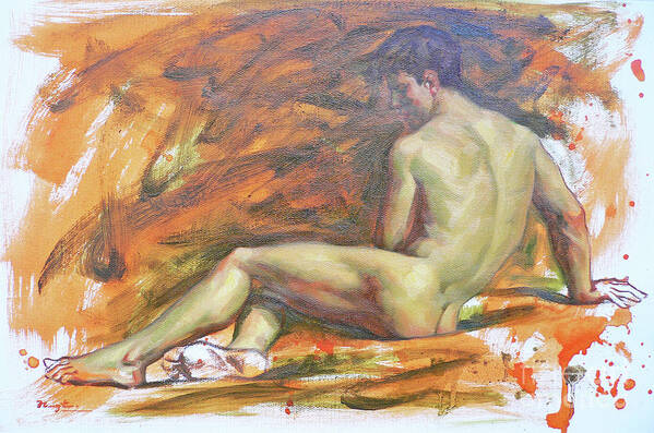 Original Art Art Print featuring the painting Original Nude Oil Paintingartwork Naked Man On Linen #16-7-21 by Hongtao Huang