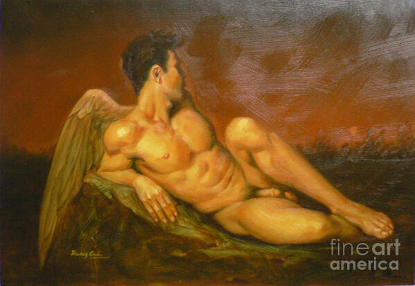 Original Art Art Print featuring the painting Original Oil Painting Art Male Nude Of Angel Man On Canvas #11-16-01 by Hongtao Huang