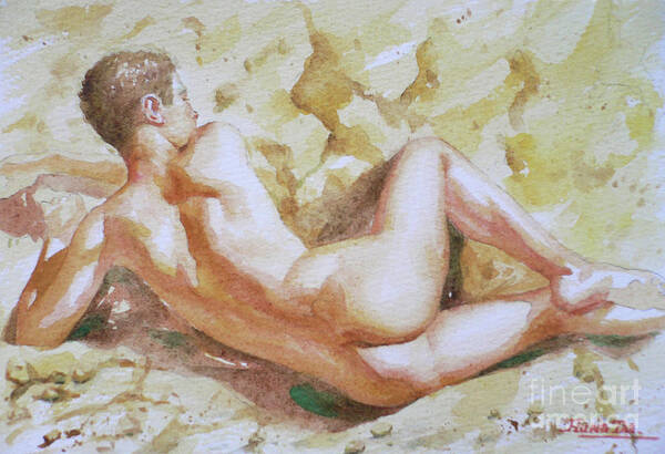 Hongtao Huang Art Print featuring the drawing Original Watercolour Male Nude Men On Paper#16-11-6 by Hongtao Huang