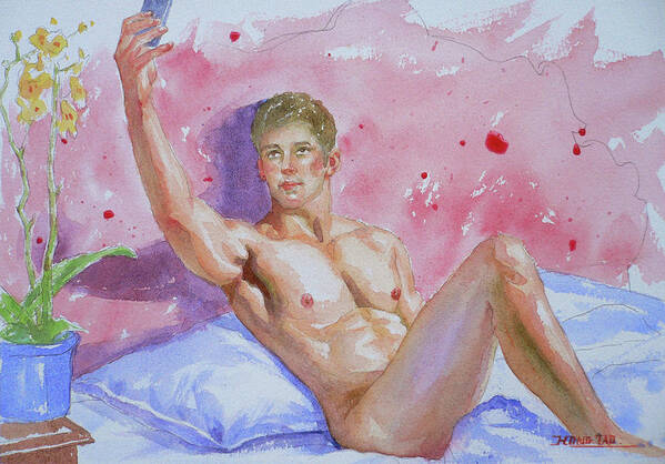 Male Nude Art Print featuring the painting Original Watercolour Male Nude Take A Photo #17529 by Hongtao Huang