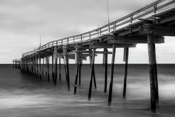 Outer Banks Art Print featuring the photograph Outer Banks Avon Fishing Pier in Black and White by Ranjay Mitra