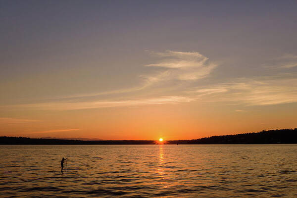 Paddler; Paddling;sunset;lake Art Print featuring the digital art Paddler by Michael Lee