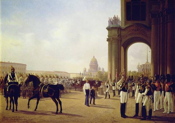 Adolphe Ladurner Art Print featuring the painting Parade at the Palace Square in Saint Petersburg by Adolphe Ladurner