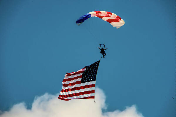 Sky Art Print featuring the photograph Paratrooper with Flag v3 by John Straton