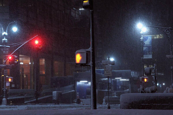 Park Avenue Art Print featuring the photograph Park Avenue and E46th Street in the late night snow storm by Alexander Winogradoff