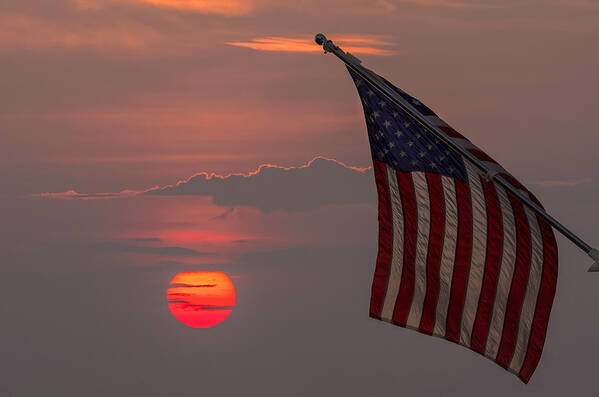 American Flag With Sunset Art Print featuring the photograph Patriotic Sunset by Mark Papke