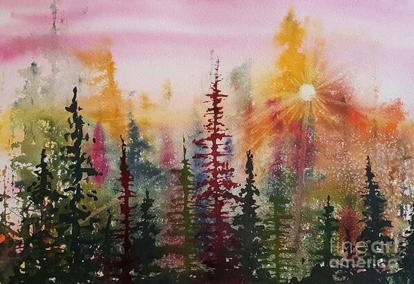 Pine Trees Art Print featuring the painting Peeking into Heaven by Lisa Debaets