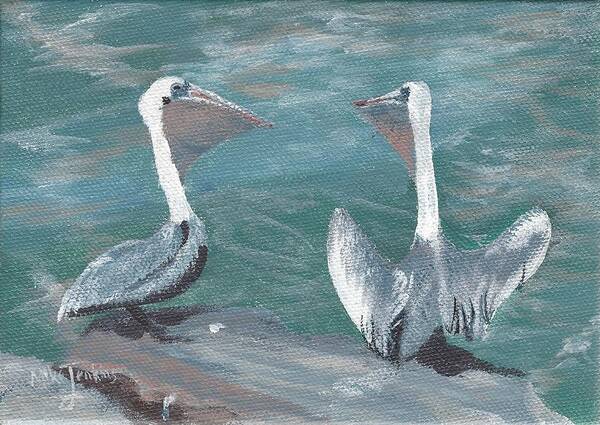Pelicans Art Print featuring the painting Pelicans at Fort Pierce by Mike Jenkins