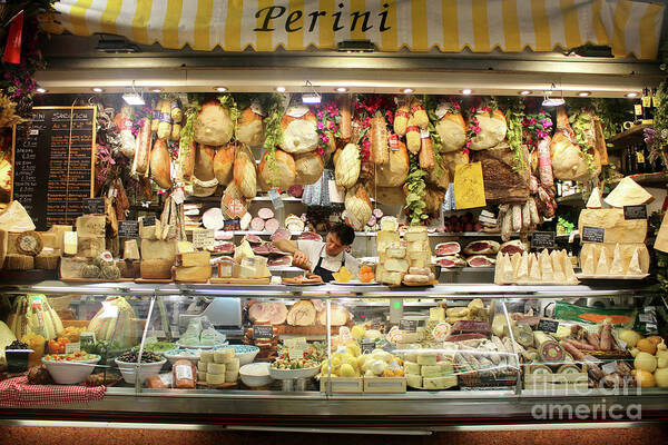 Market Art Print featuring the photograph Perini Meat and Cheese in the central market Florence Italy by Adam Long