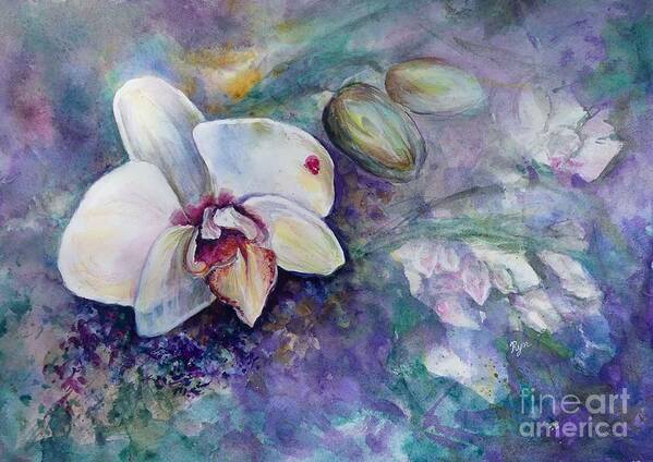Phalaenopsis Orchid With Hyacinth Background Art Print featuring the painting Phalaenopsis Orchid with Hyacinth Background by Ryn Shell