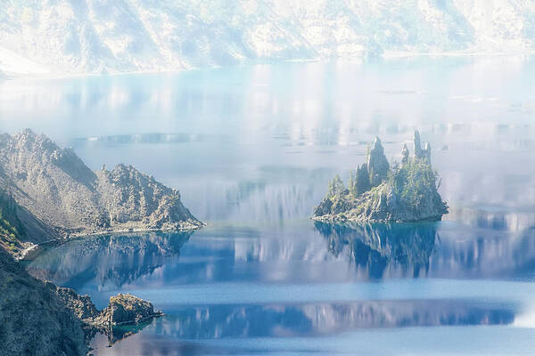 Phantom Ship In Mist Crater Lake Art Print featuring the photograph Phantom Ship Island in Mist at Crater Lake by Frank Wilson