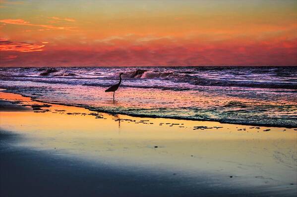 Alabama Art Print featuring the photograph Pink Sky and Heron in the Surf by Michael Thomas