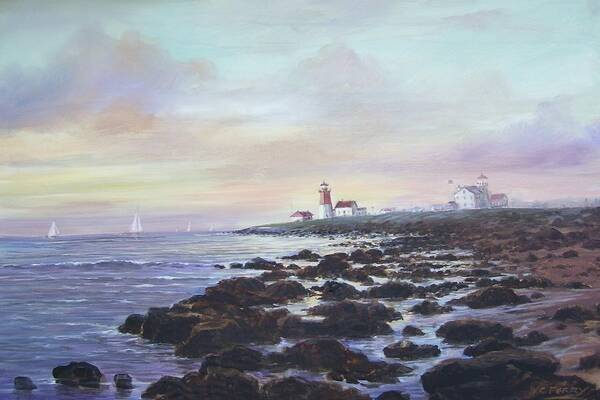 Seascape Art Print featuring the painting Point Judith Light R I by Perry's Fine Art