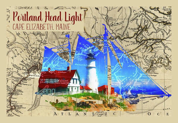 Portland Art Print featuring the digital art Portland Head Light Map by Barry Wills