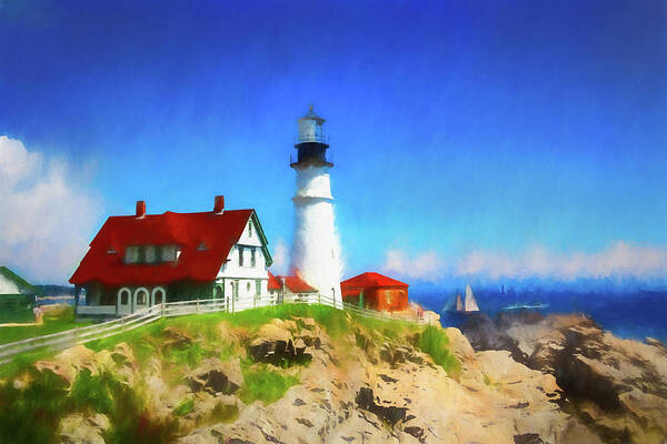 Lighthouse Art Print featuring the digital art Portland Head Light with sailboat by Barry Wills
