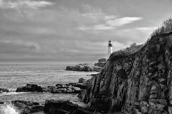 Portland Art Print featuring the photograph Portland Head Lighthouse - Cape Elizabeth Maine in Black and White by Bill Cannon