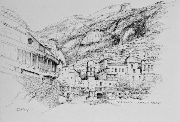 Italy Art Print featuring the drawing Positano on the Amalfi Coast of Italy by Dai Wynn