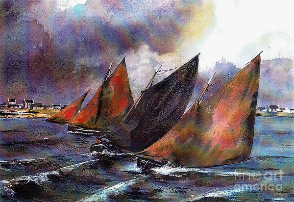 Val Byrne Art Print featuring the painting Racing Hookers off Aran by Val Byrne