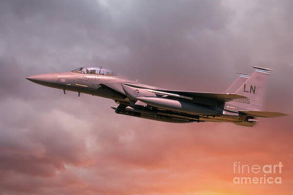 Usaf Art Print featuring the photograph RAF Lakenheath F-15 Eagle in flight with orange sun light by Simon Bratt