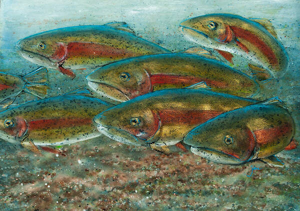 Fish Art Print featuring the painting Rainbow Trout Fish Run by Jani Freimann