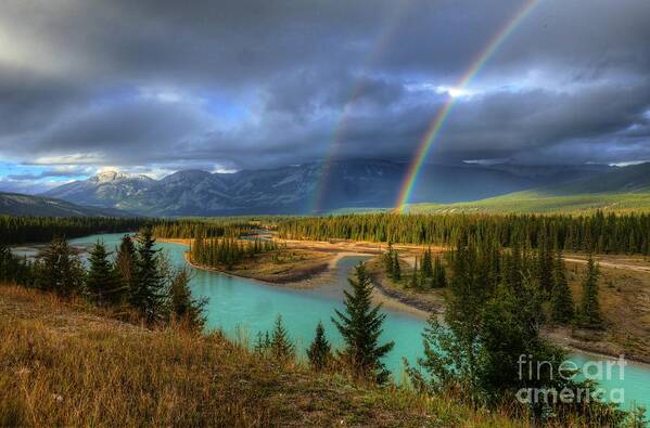 Rainbows On The Athabasca Art Print featuring the photograph Rainbows on the Athabasca River Jasper National Park by Wayne Moran