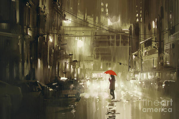 Illustration Art Print featuring the painting Rainy Night by Tithi Luadthong