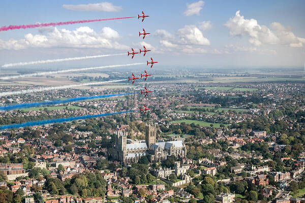 Red Arrows Art Print featuring the digital art Red Arrows over Lincoln smoke on by Gary Eason