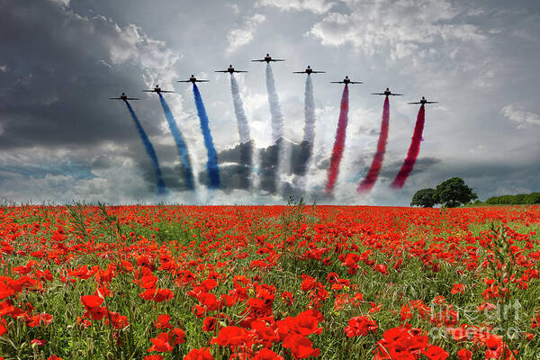 Red Arrows Art Print featuring the digital art Red Arrows Poppy Field by Airpower Art
