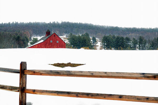 Winter Art Print featuring the photograph Red Barn and Fence by Geoffrey Coelho