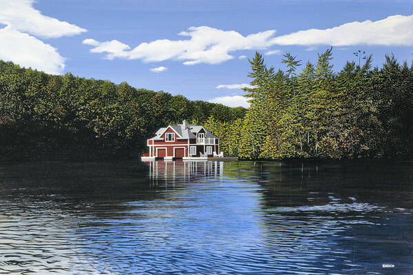 Landscapes Art Print featuring the painting Red Boathouse by Kenneth M Kirsch