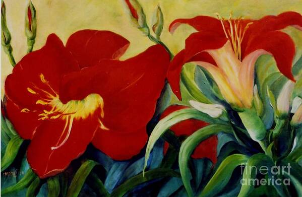 Flowers Red Lilies In Garden Art Print featuring the painting Red Lily by Marta Styk