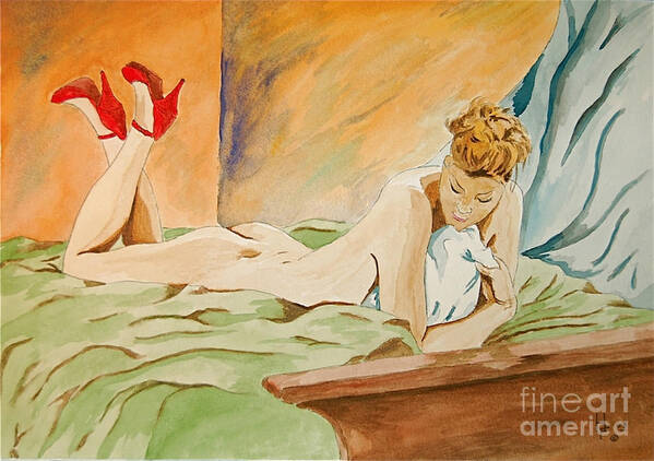 Nude Art Print featuring the painting Red Shoes by Herschel Fall