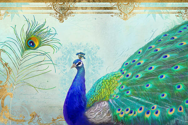 Peacock Art Print featuring the painting Regal Peacock 2 w Feather n Gold Leaf French Style by Audrey Jeanne Roberts