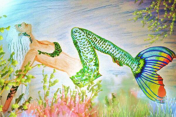 Rainbow Mermaid Art Art Print featuring the mixed media Mermaid Relaxing In The Shallows by Pamela Smale Williams
