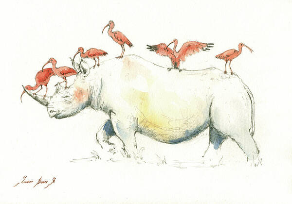 Rhino Art Print featuring the painting Rhino and ibis by Juan Bosco
