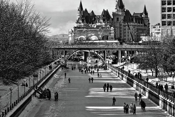 Rideau Canal Art Print featuring the photograph Rideau Canal is open for skating BW by Tatiana Travelways