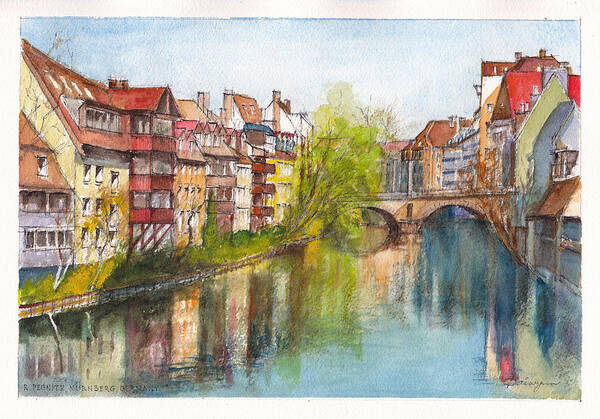 Rive Art Print featuring the painting River Pegnitz in Nuremberg Old Town Germany by Dai Wynn