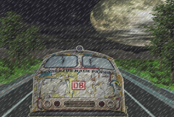 Bus Art Print featuring the digital art Road Trip In The Rain by Digital Art Cafe